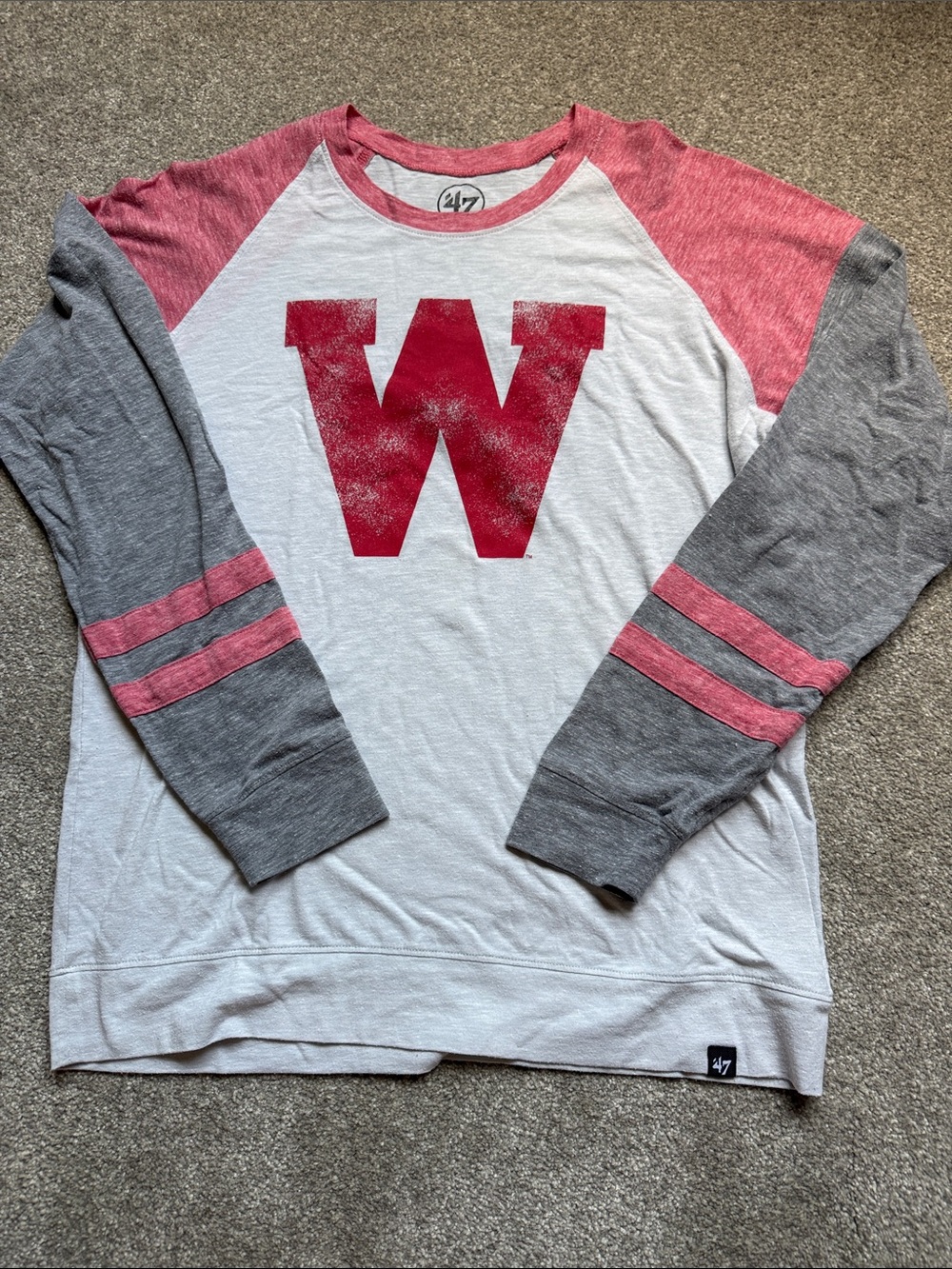 Wisconsin 47 White and Red Raglan Tee with Faded Logo